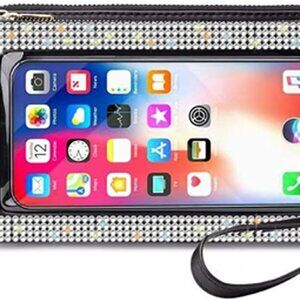 Bling Rhinestone RFID Blocking Touch Screen Phone Bag Womens Wallet Wristlet Clu